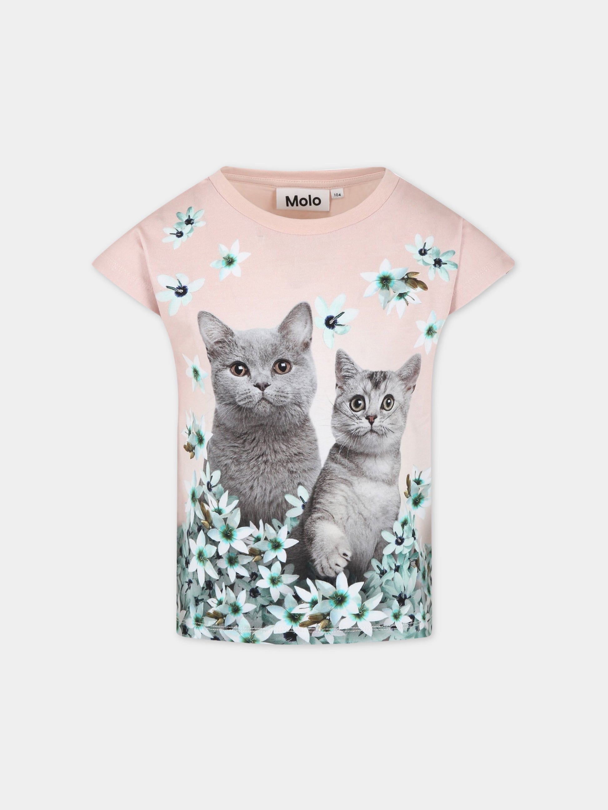T-shirt rosa per bambina con gatti e fiori,Molo,2S23A226 3269