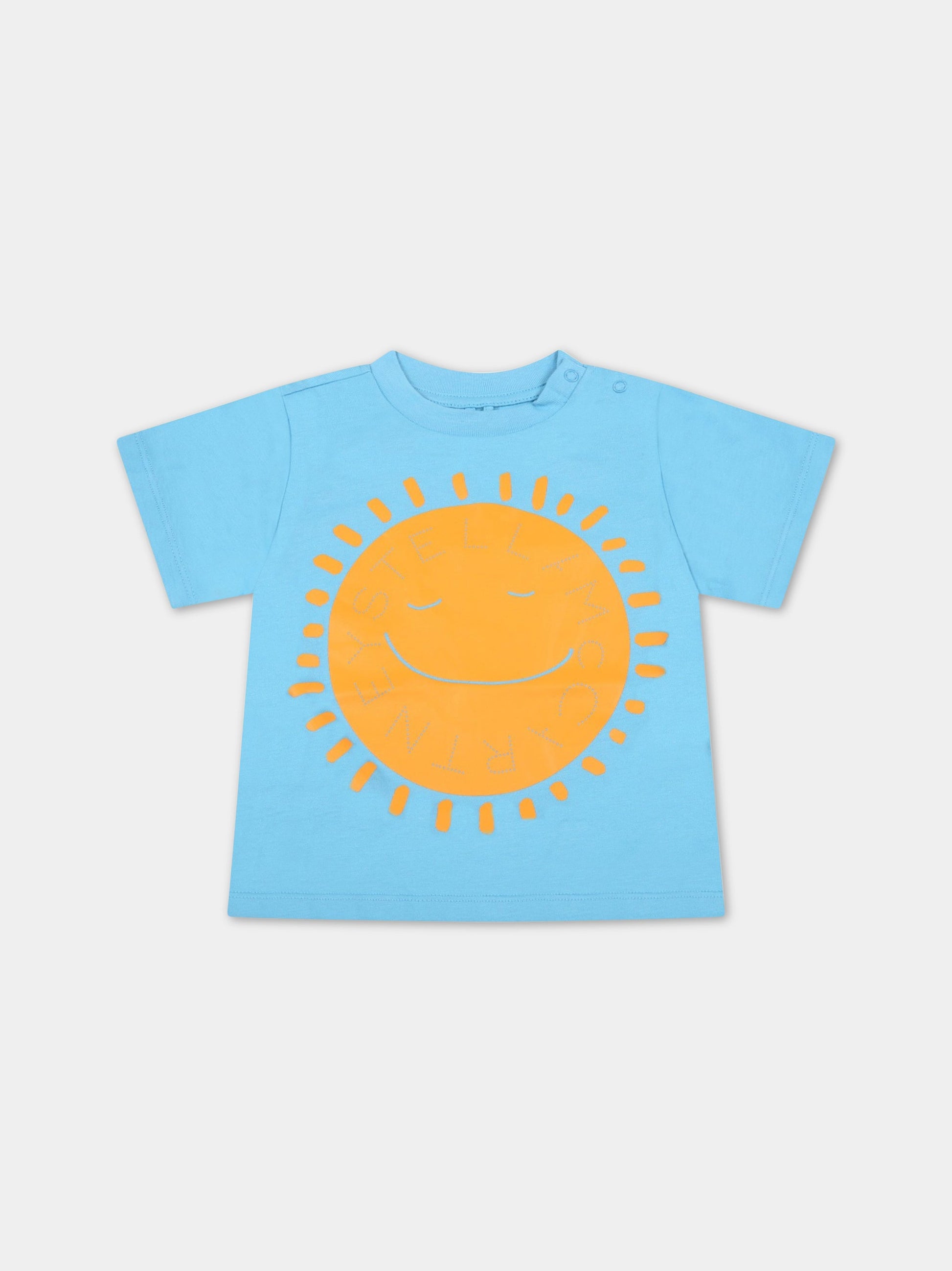 T-shirt celeste per neonato con sole giallo e logo,Stella Mccartney Kids,8Q8TB1 Z0168 604