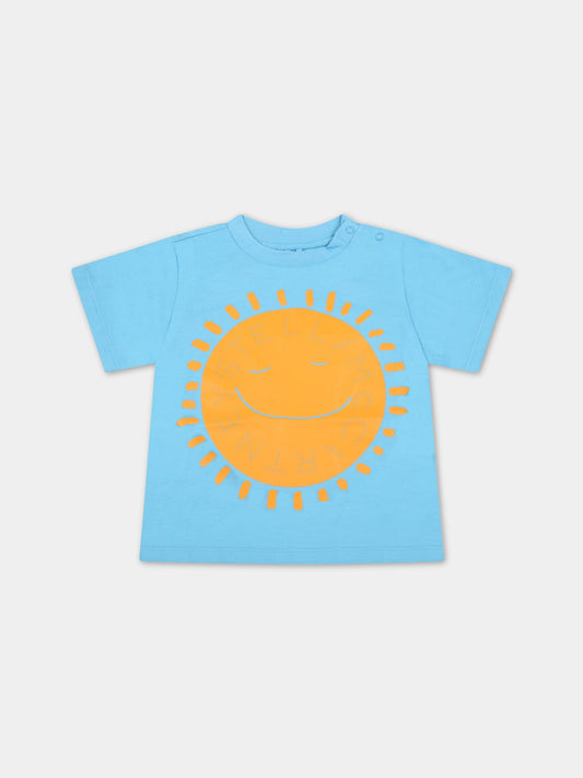 T-shirt celeste per neonato con sole giallo e logo,Stella Mccartney Kids,8Q8TB1 Z0168 604