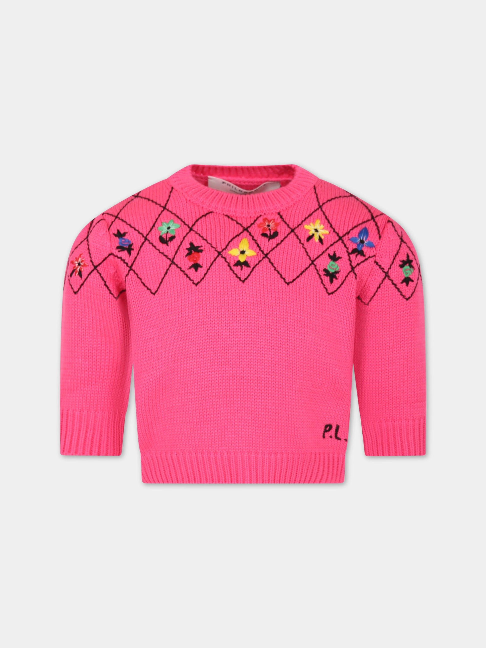 Maglione fucsia per bambina con fiori ricamati,Philosophy,PJMA76C FL209 C006