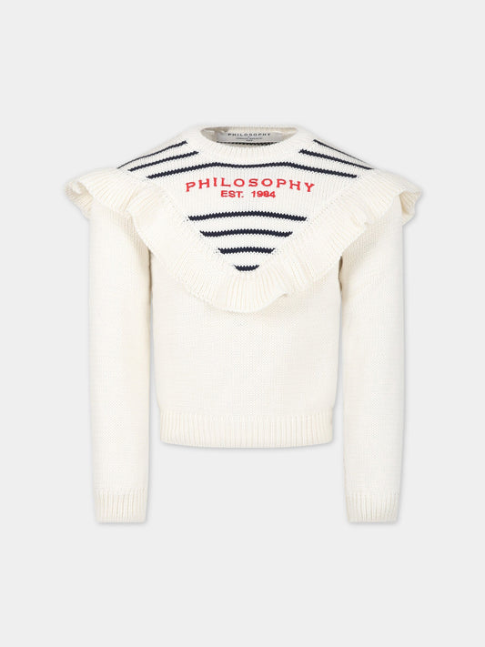Maglione bianco per bambina con logo,Philosophy,PJMA75C FL01 0020