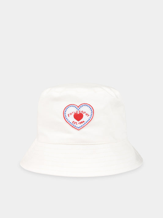 Cloche bianco per bambina con patch cuore e logo,Philosophy,PJCP29 CE234 0001