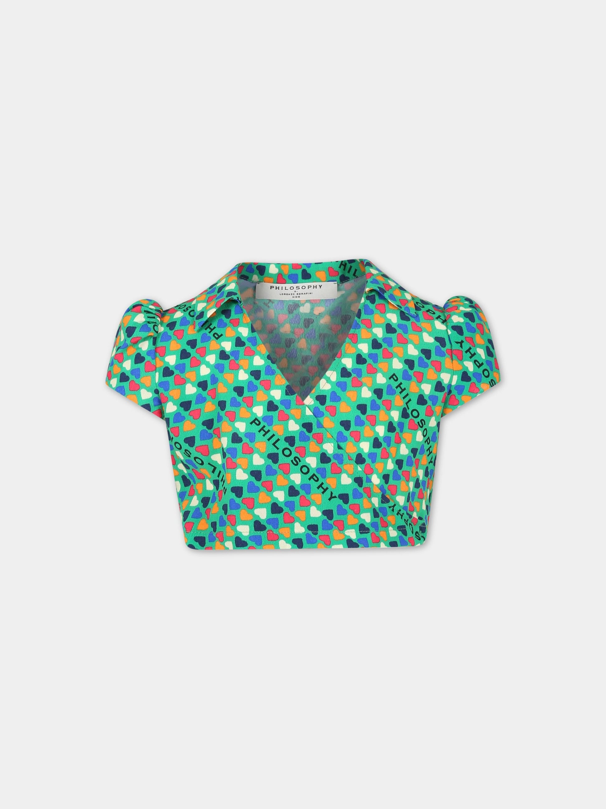 T-shirt verde per bambina con cuori e scritta,Philosophy,PJCA137 GA111 1002