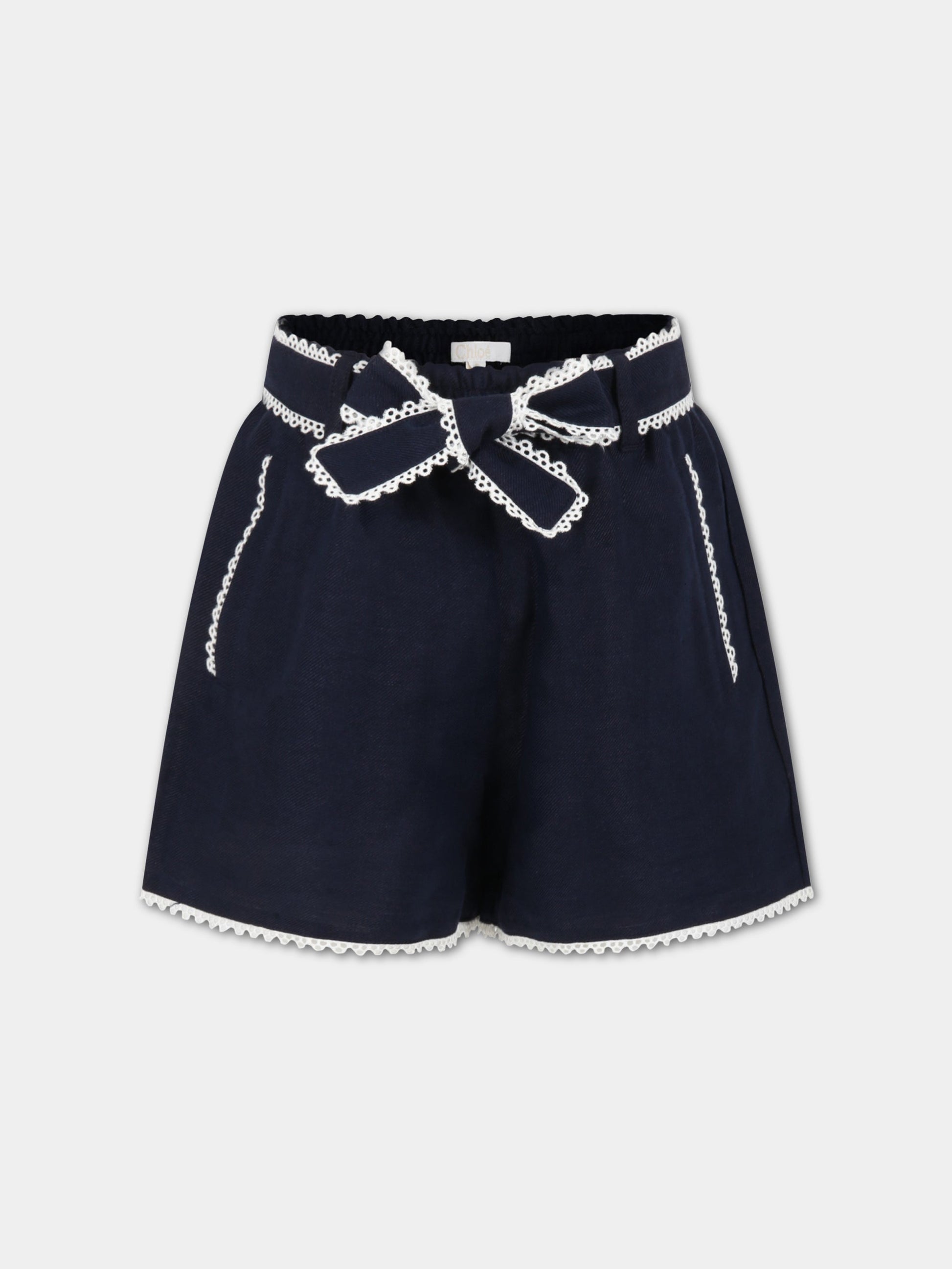 Shorts blu per bambina con dettagli smerlati,Chloé Kids,C14738 859