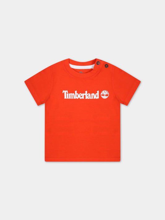 T-shirt arancione per neonato con logo bianco,Timberland,T05K87 40A