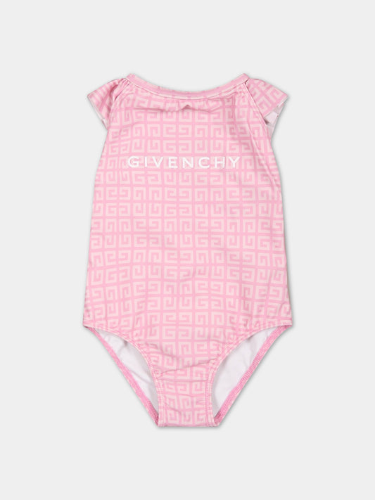 Costume rosa intero per neonata con iconico monogramma all-over,Givenchy Kids,H00063 Z40