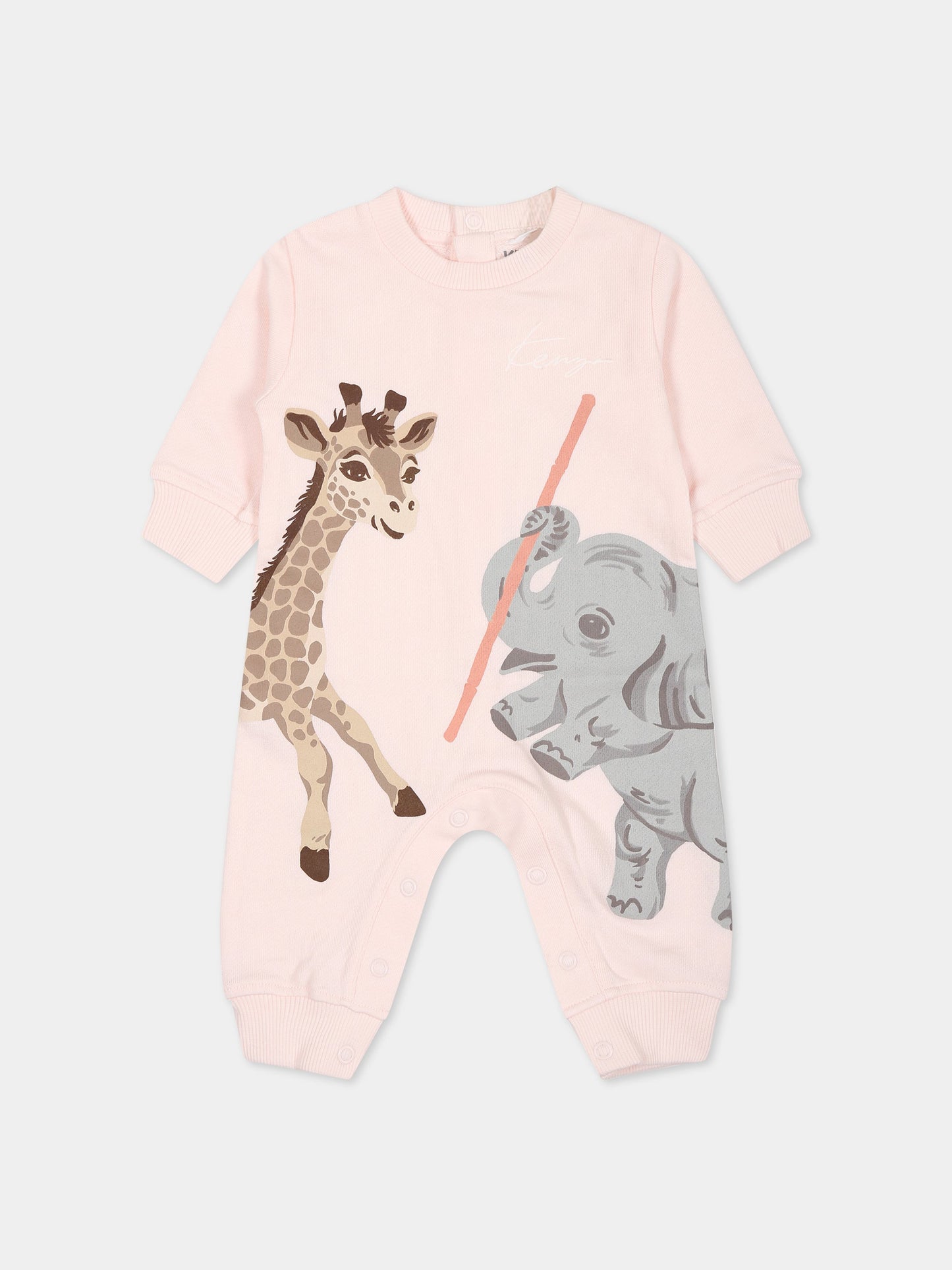 Tutina rosa per neonata con stampa elefante, giraffa e logo,Kenzo Kids,K94103 450