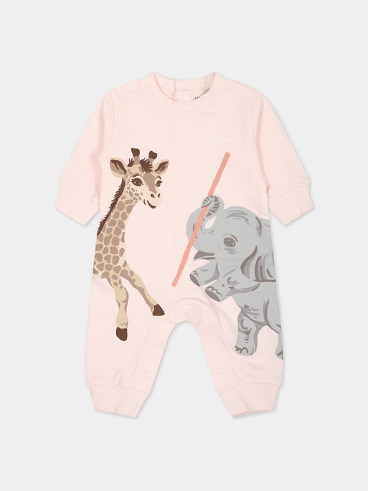Tutina rosa per neonata con stampa elefante, giraffa e logo,Kenzo Kids,K94103 450