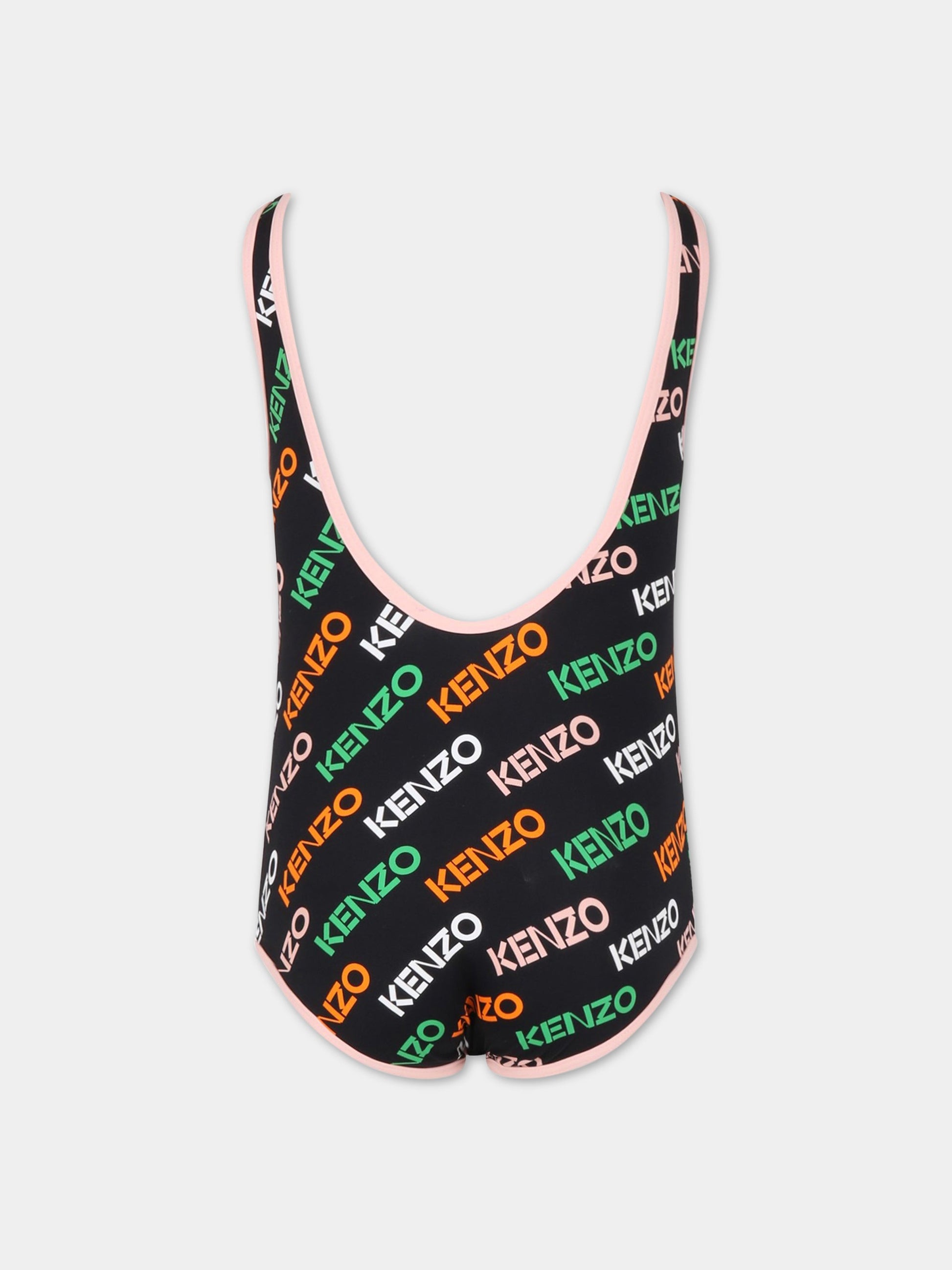 Costume nero da bagno per bambina con logo multicolor all-over,Kenzo Kids,K10066 09P