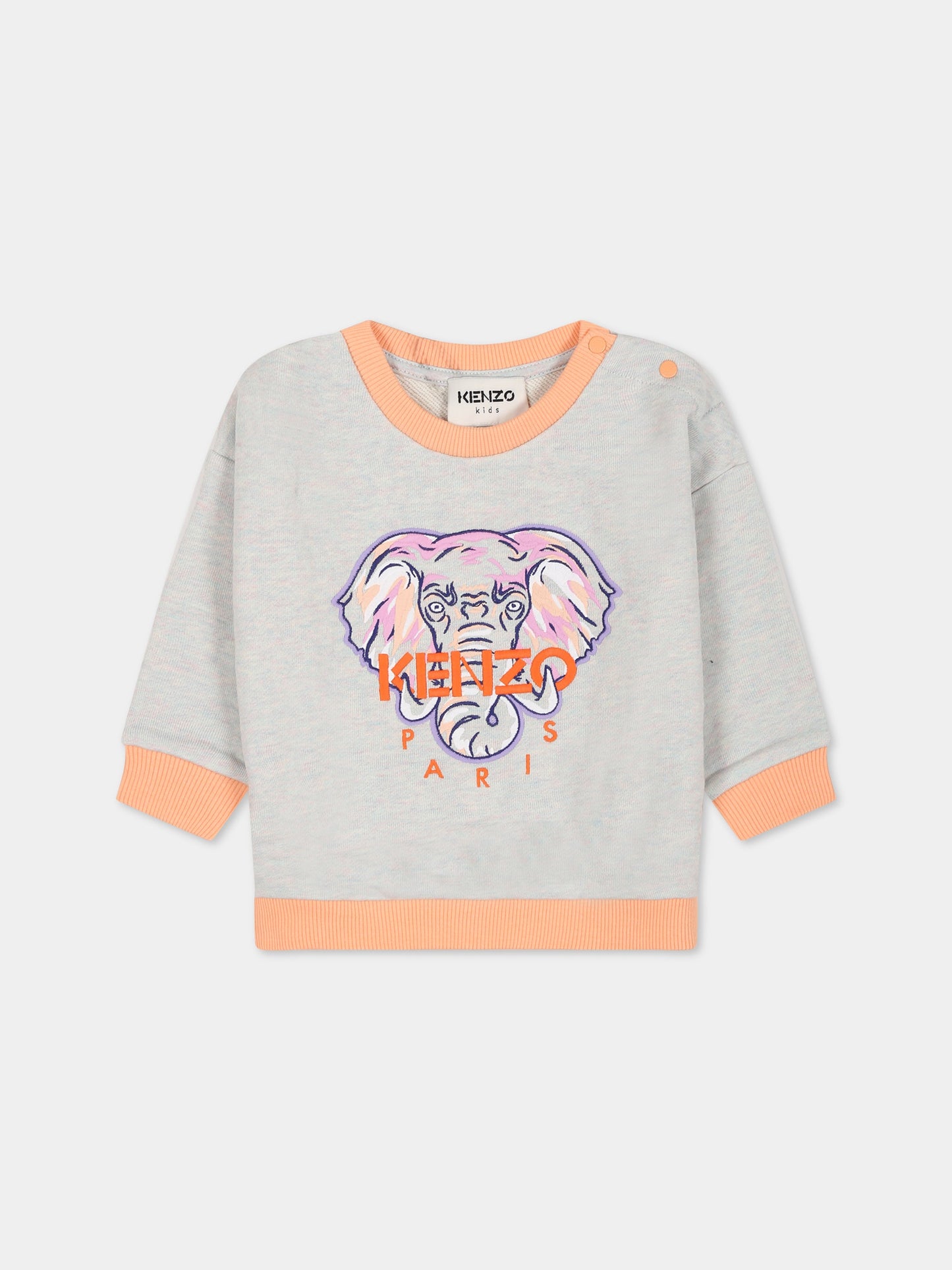 Felpa grigia per neonata con stampa elefante e logo,Kenzo Kids,K05484 010