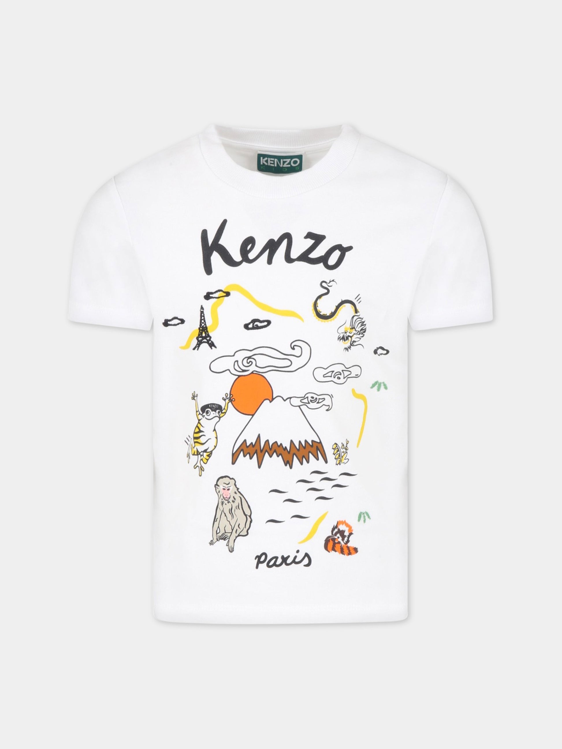 T-shirt bianca per bambino con stampa multicolor e logo,Kenzo Kids,K25779 10P