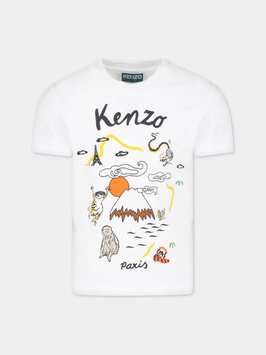T-shirt bianca per bambino con stampa multicolor e logo,Kenzo Kids,K25779 10P