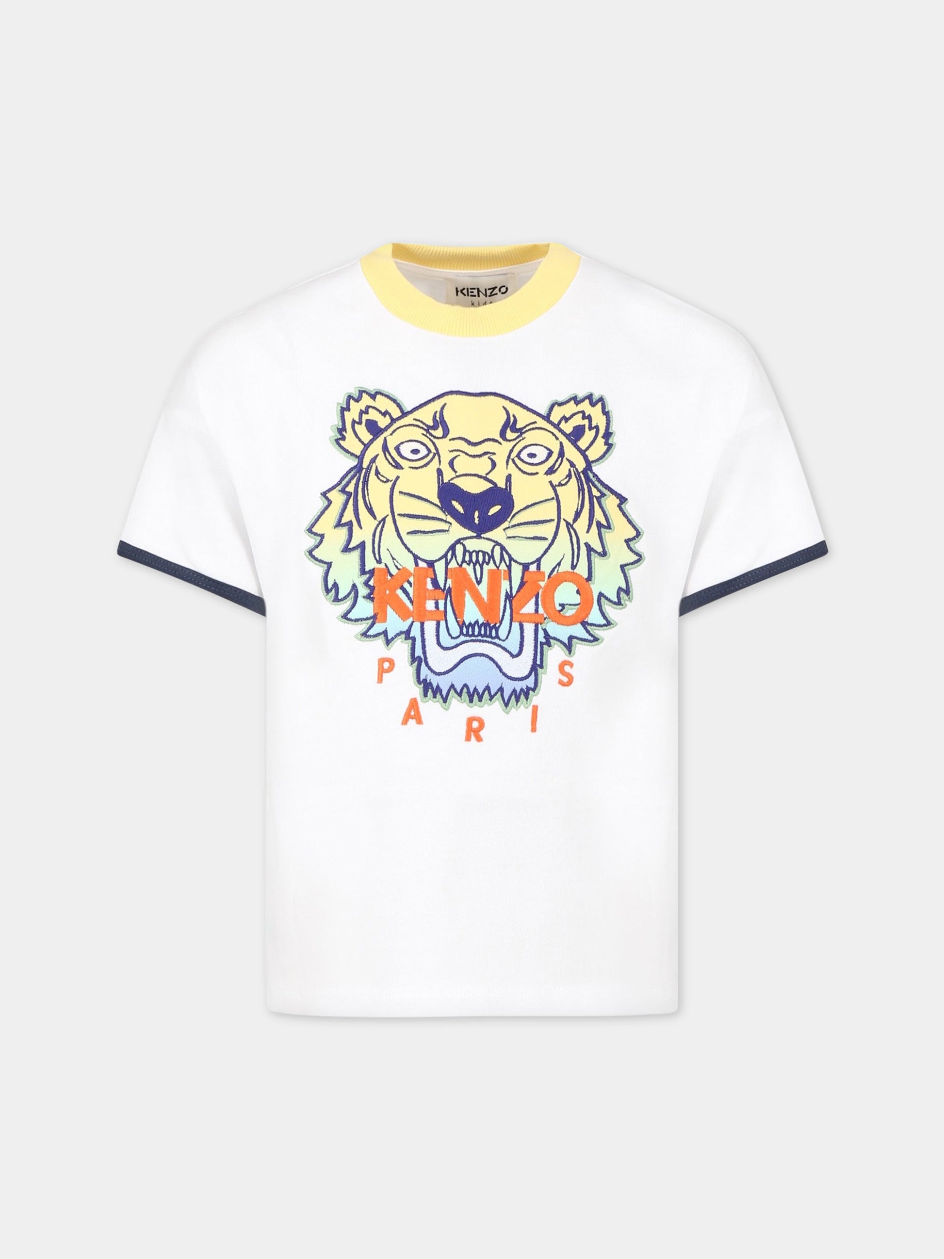 T-shirt bianca per bambino con iconica tigre  e logo,Kenzo Kids,K25804 10P