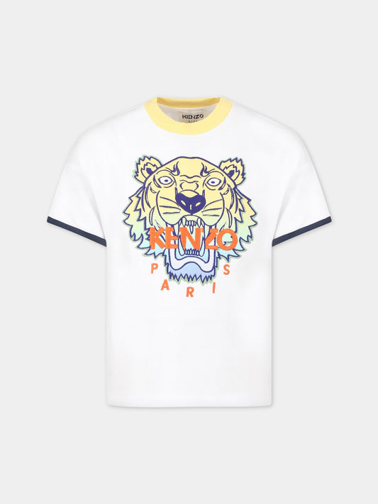 T-shirt bianca per bambino con iconica tigre  e logo,Kenzo Kids,K25804 10P