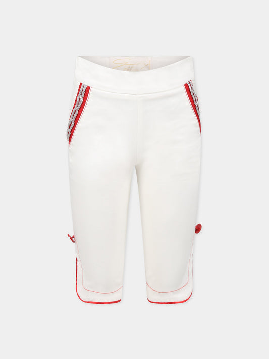 Pantaloni bianchi per bambina con dettagli rossi e logo,Genny,GFBE003 CA248 0000
