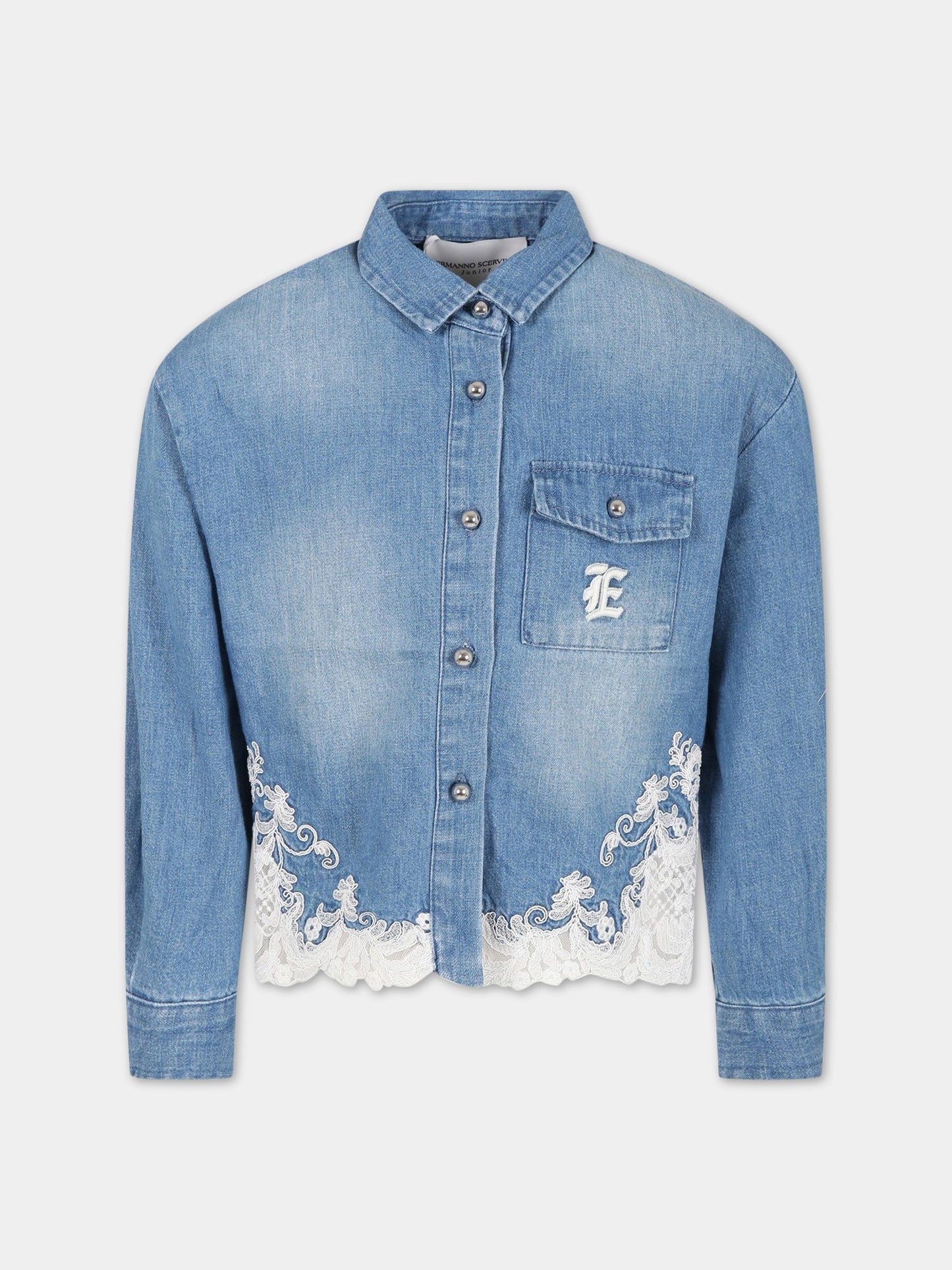 Camicia blu per bambina con logo,Ermanno Scervino Junior,SFCA040C DF020 4006