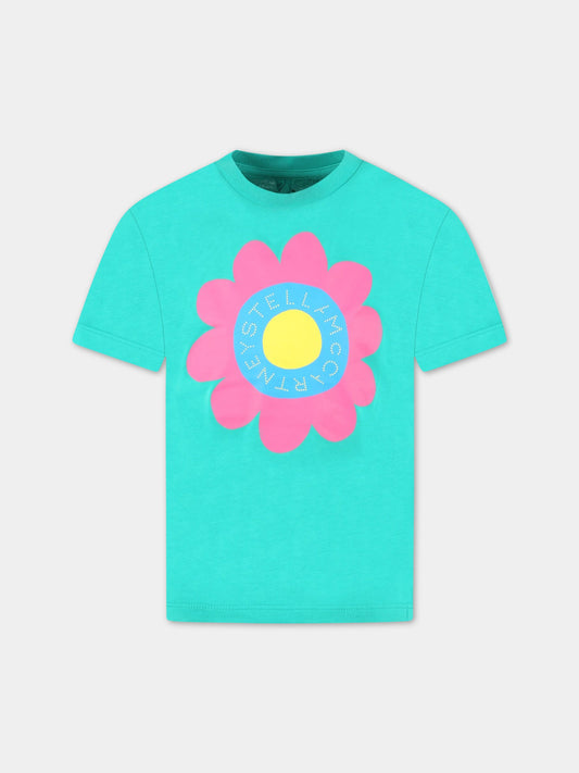 T-shirt verde per bambina con fiore e logo,Stella Mccartney Kids,TS8B01 Z0434  716