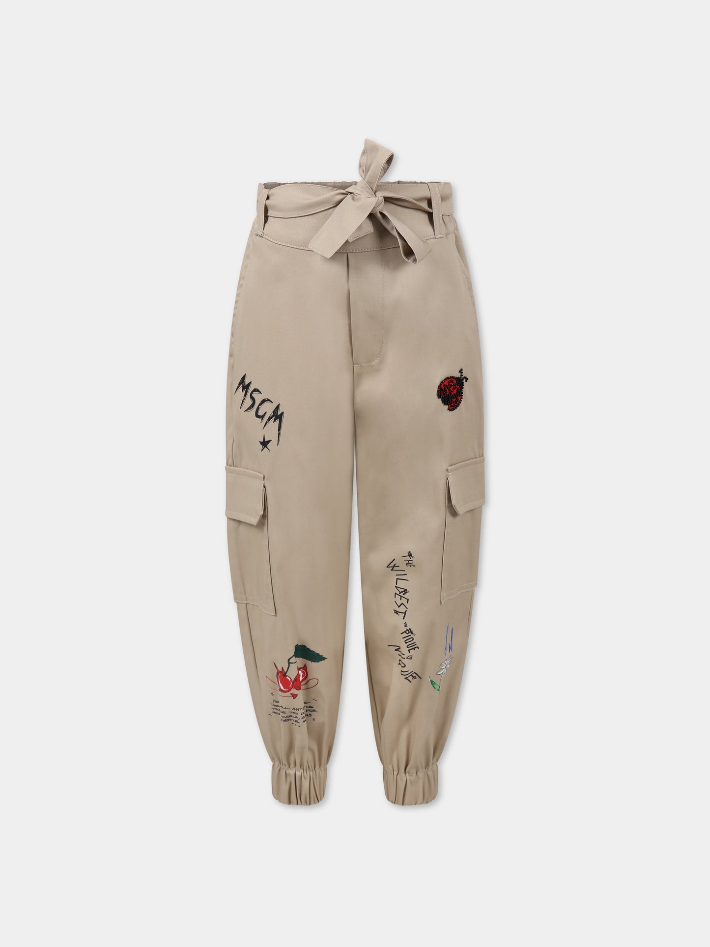 Pantaloni beige per bambina con stampa multicolor e logo,Msgm Kids,MS029406 015