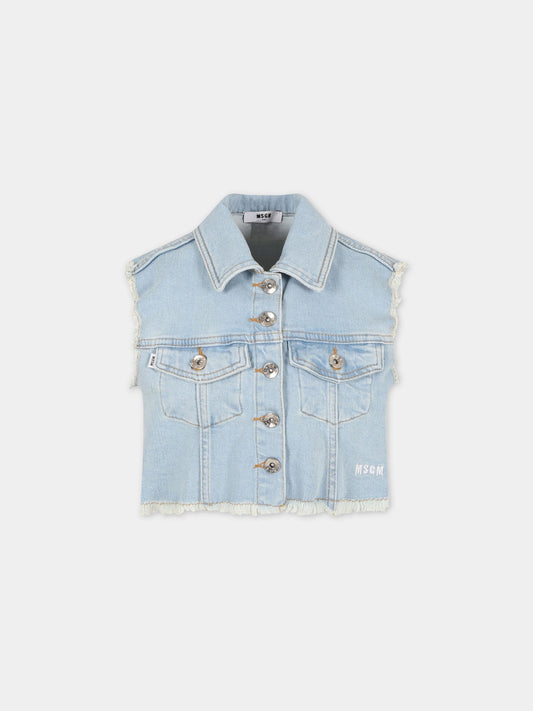 Giacca celeste smanicata per bambina con logo,Msgm Kids,MS029378 126