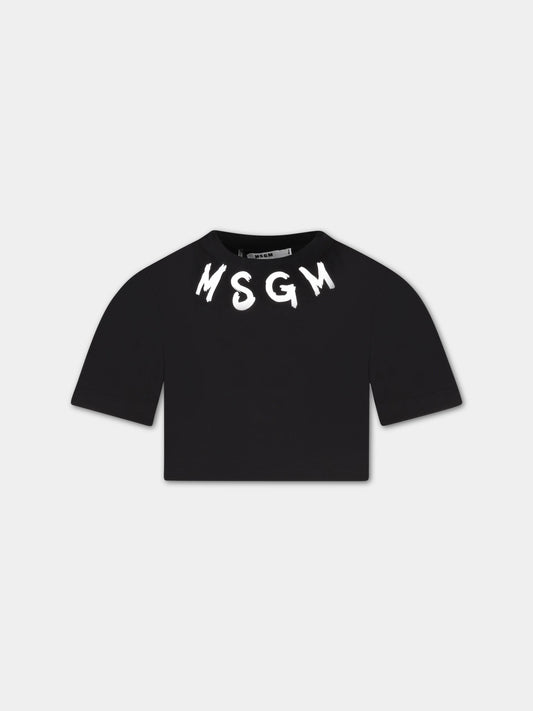 T-shirt nera corta per bambina con logo bianco,Msgm Kids,MS029339 110