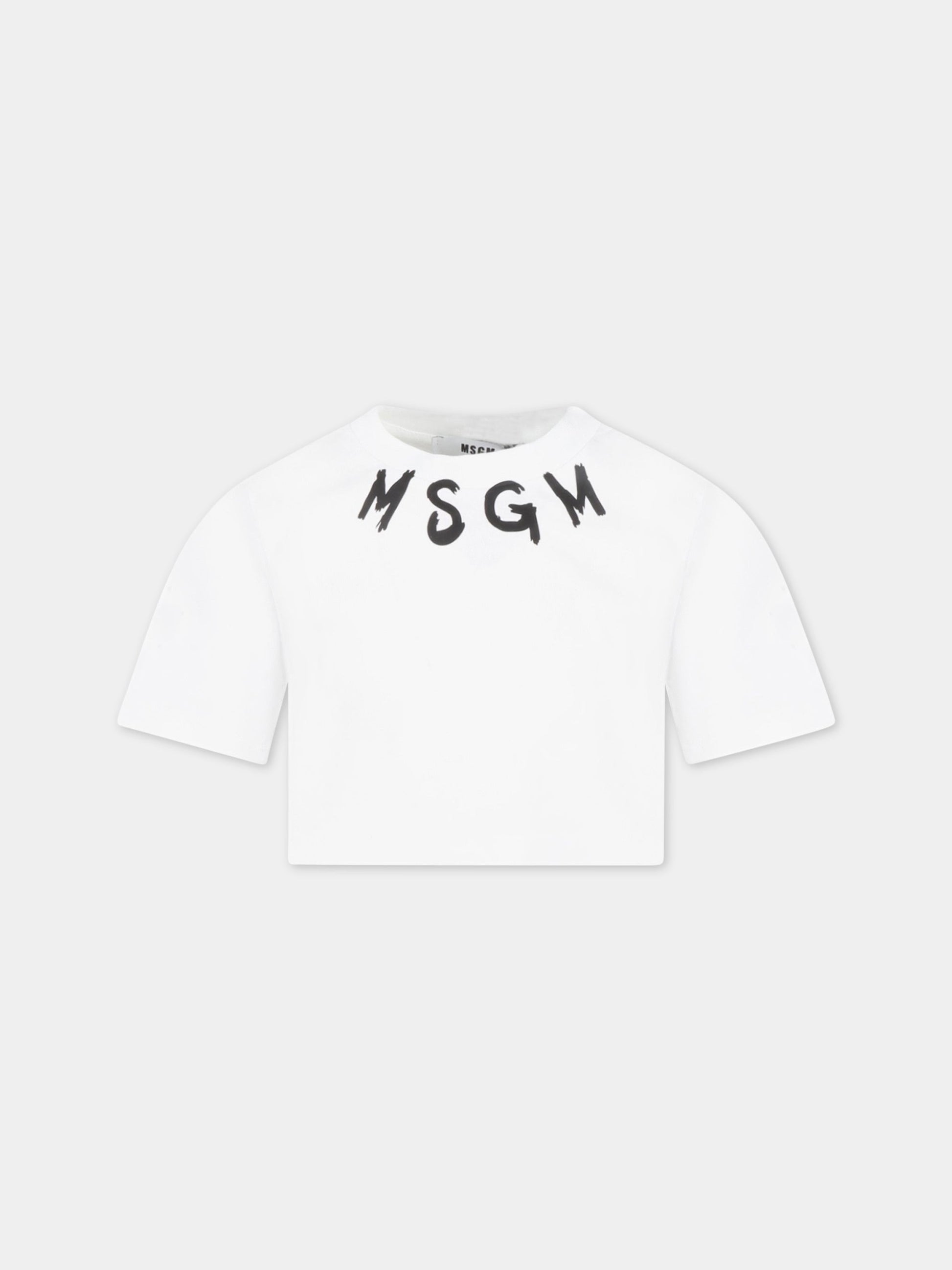 T-shirt bianca corta per bambina con logo nero,Msgm Kids,MS029339 001