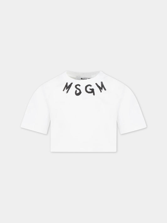 T-shirt bianca corta per bambina con logo nero,Msgm Kids,MS029339 001