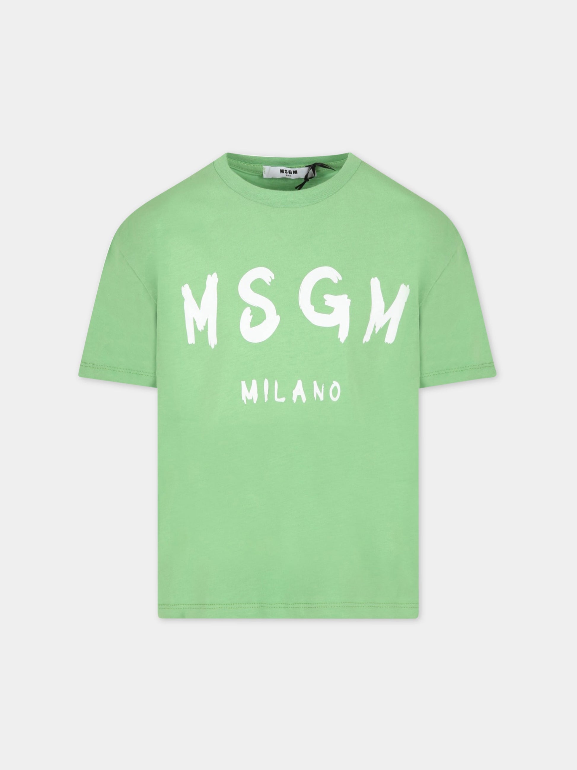 T-shirt verde per bambini con logo bianco,Msgm Kids,MS029372 902