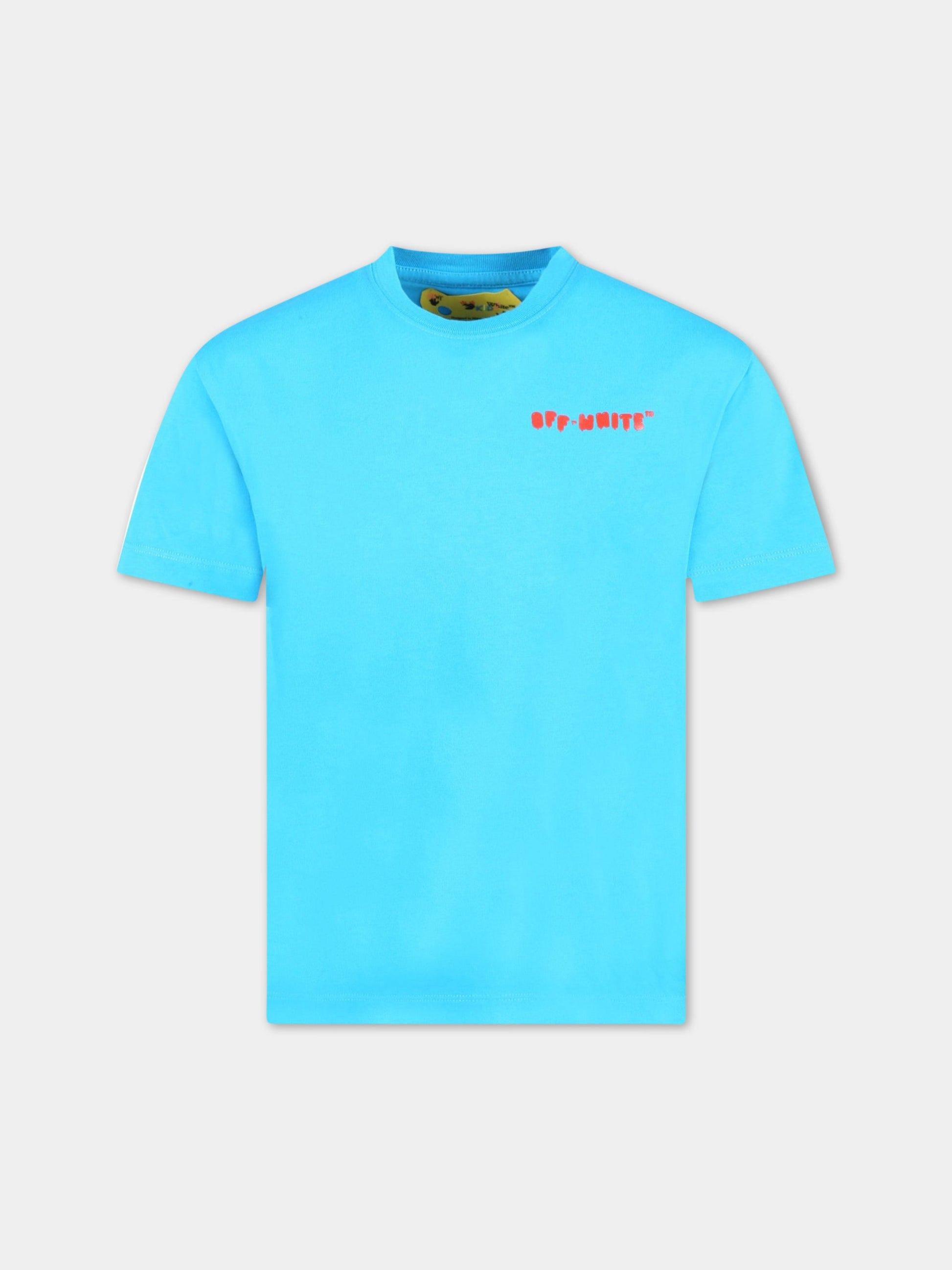 T-shirt azzurra per bambino con logo rosso,Off White,OBAA002S23JER0094525