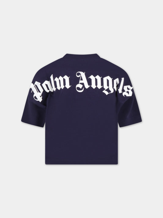 T-shirt blu per bambino con logo bianco,Palm Angels,PBAA002C99JER0014601