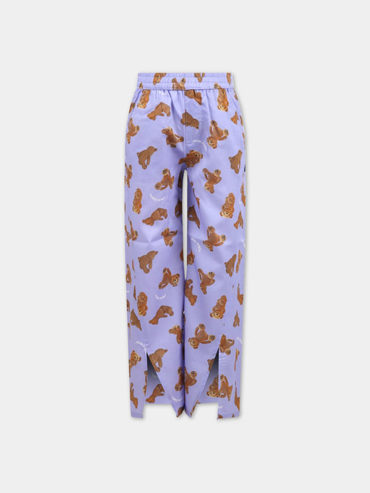 Pantaloni viola per bambina con orso e logo,Palm Angels,PGCA004S23FAB0013660