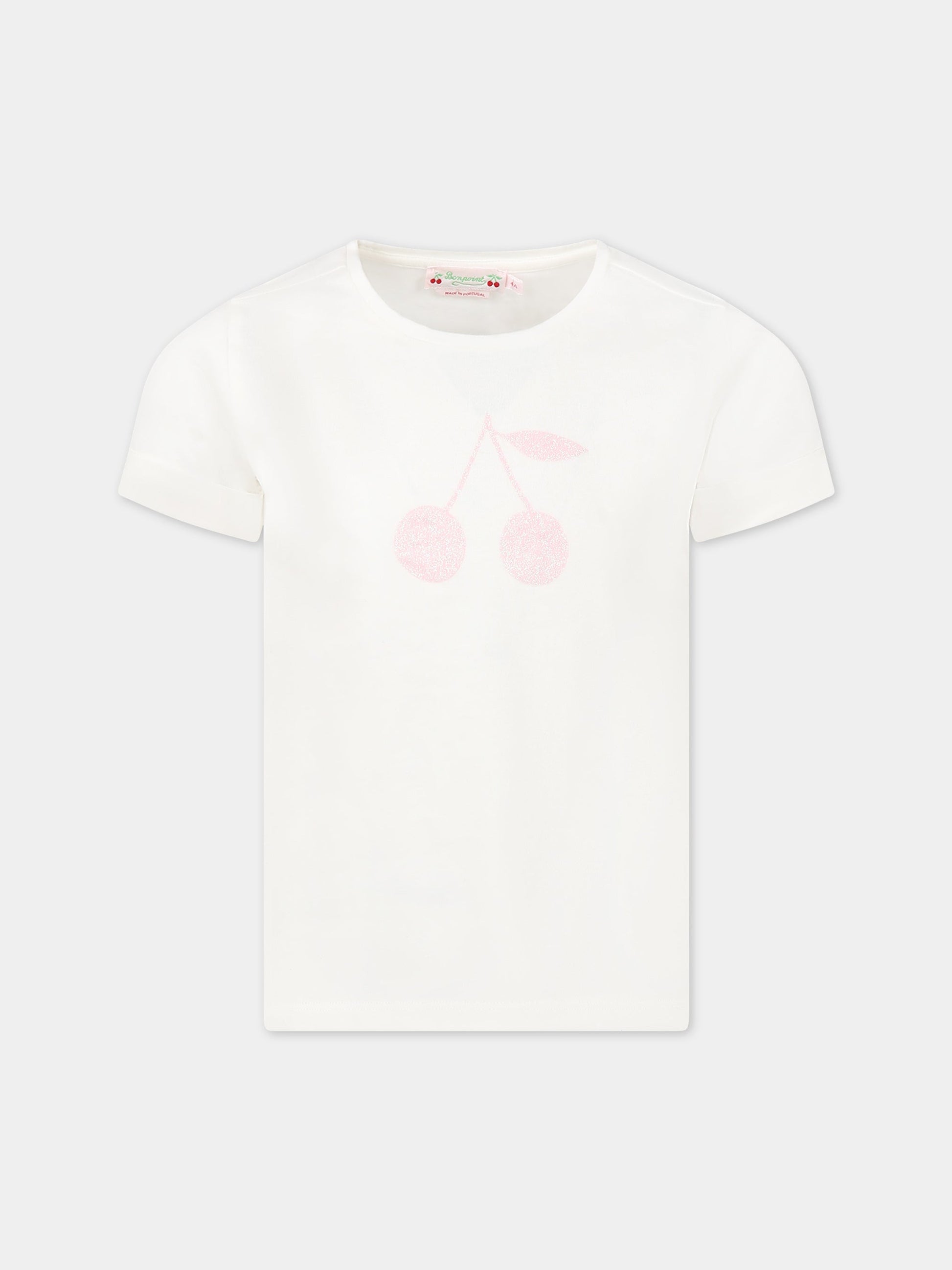 T-shirt bianca per bambina con ciliegie,Bonpoint,S03GTSK00105 102