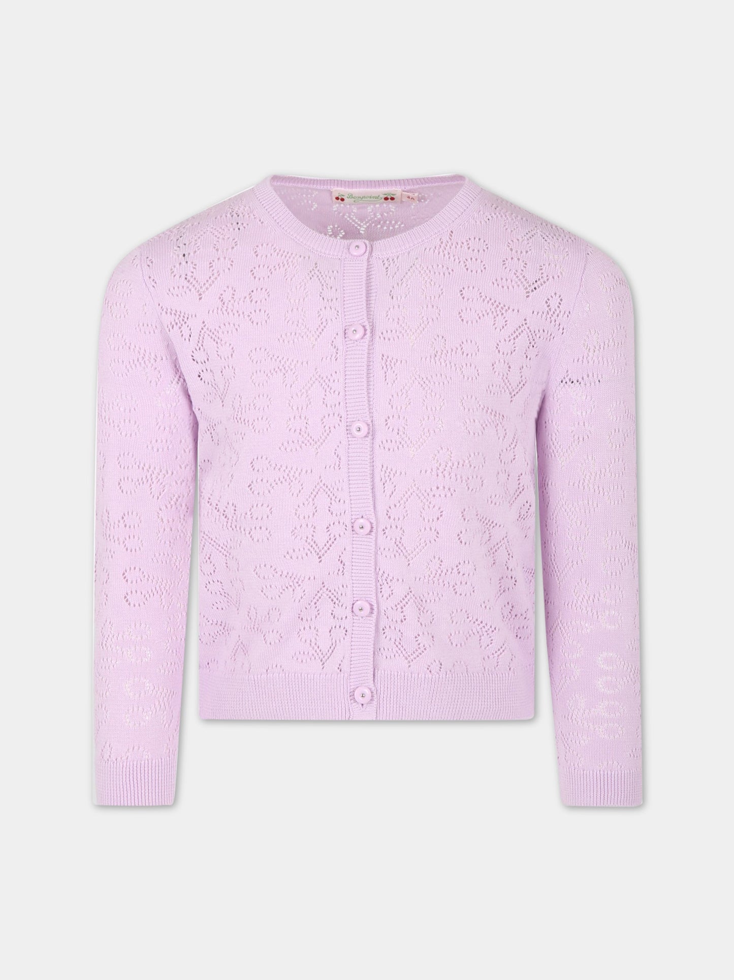 Cardigan lilla per bambina con iconiche ciliegie all-over,Bonpoint,S03GCAK00107 056A
