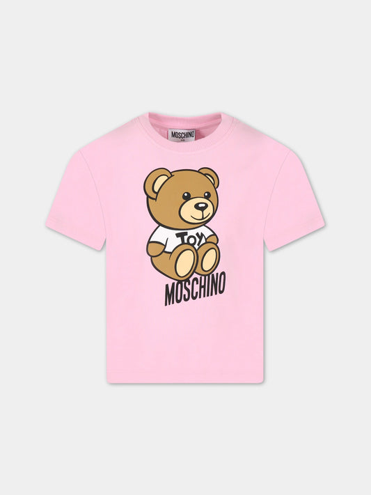 T-shirt rosa per bambina con Teddy Bear e logo,Moschino Kids,HMM046 LBA10 51473