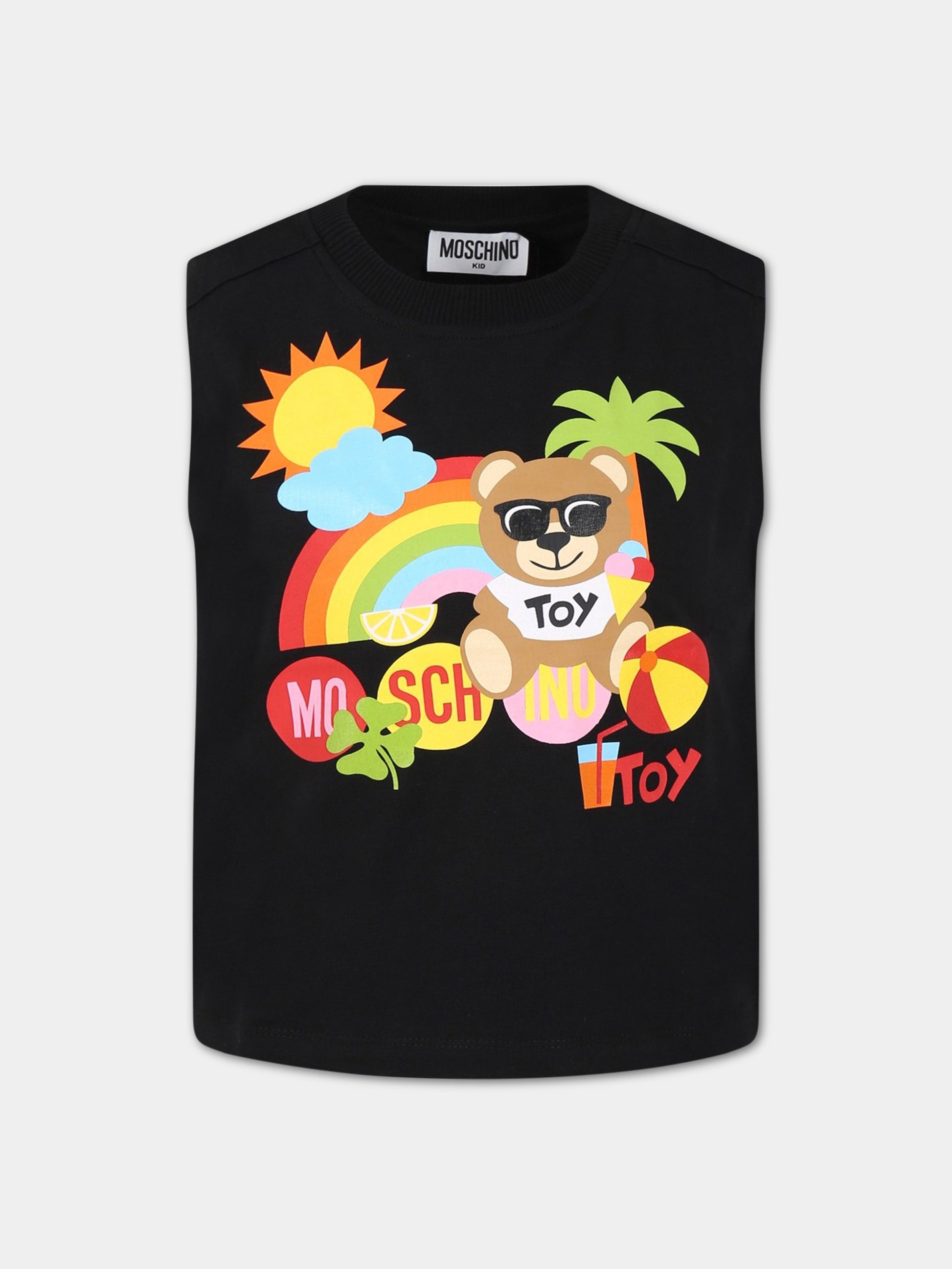 T-shirt nera per bambini con stampa, logo e Teddy Bear,Moschino Kids,HUM047 LBA08 NERO