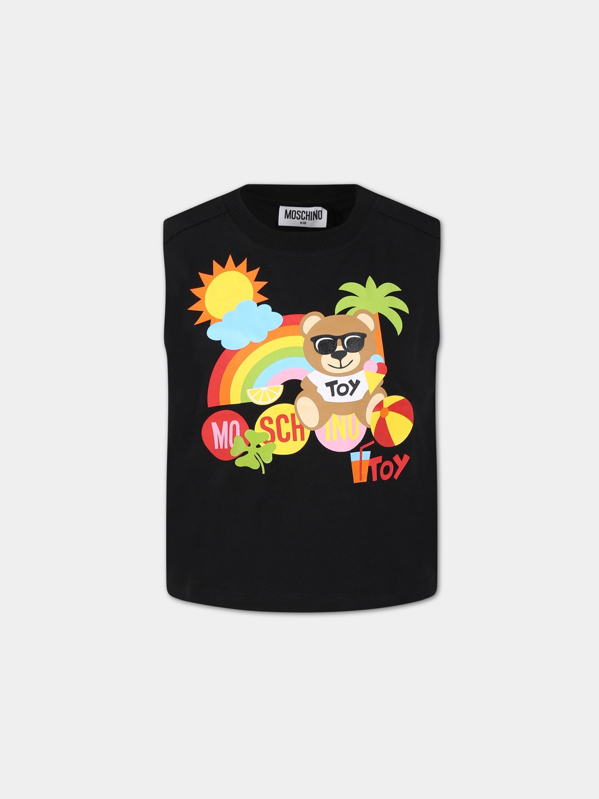 T-shirt nera per bambini con stampa, logo e Teddy Bear,Moschino Kids,HUM047 LBA08 NERO