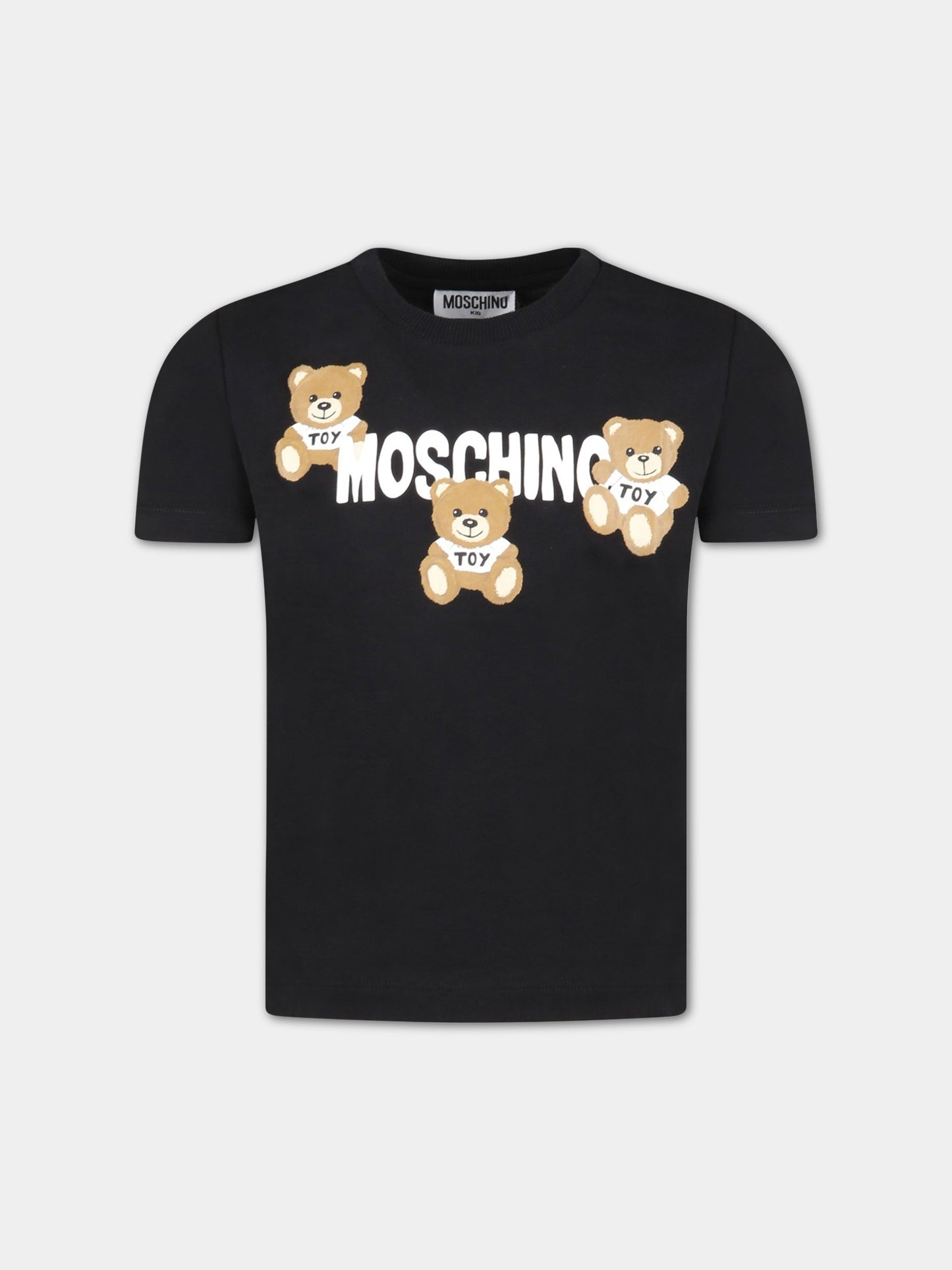 T-shirt nera per bambini con tre Teddy Bear e logo,Moschino Kids,HUM04B LAA23 60100