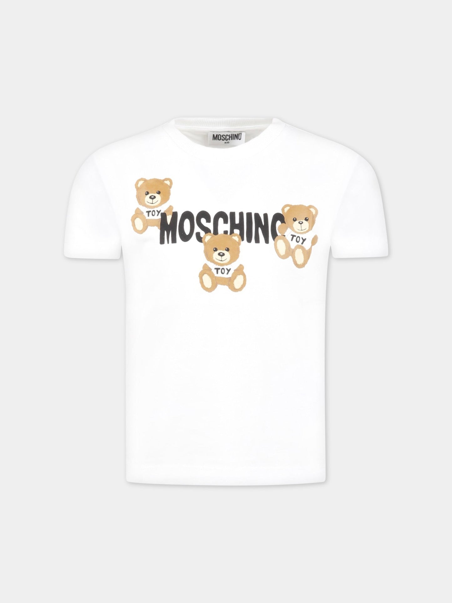 T-shirt bianca per bambini con tre Teddy Bear e logo,Moschino Kids,HUM04B LAA23 10101