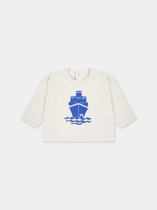 T-shirt avorio per neonato con barca blu,Petit Bateau,A07PX AVALANCHE