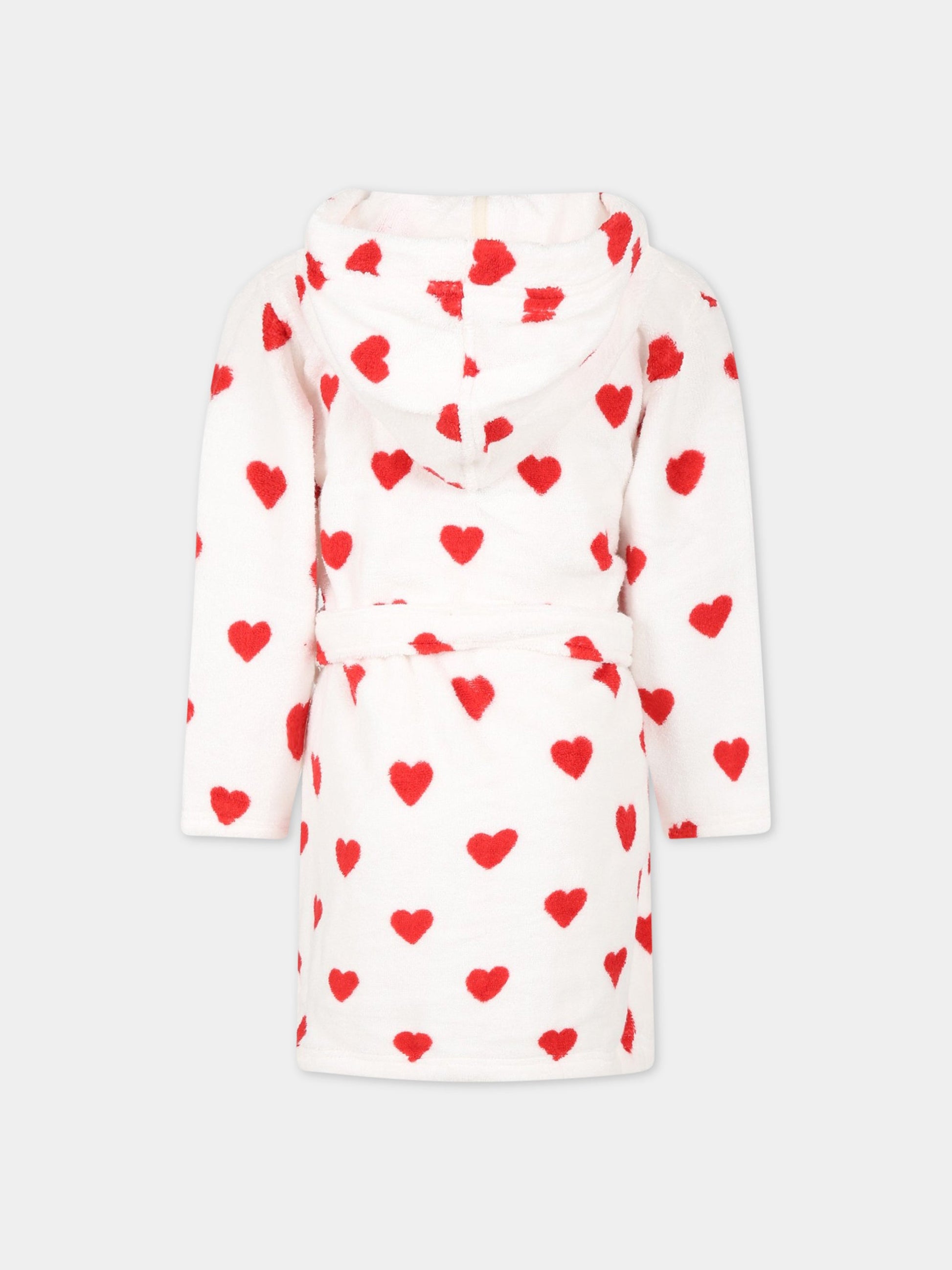 Accappatoio bianco per bambina con cuori e logo,Petit Bateau,A05AR MARSHMALLOW/TERKUIT