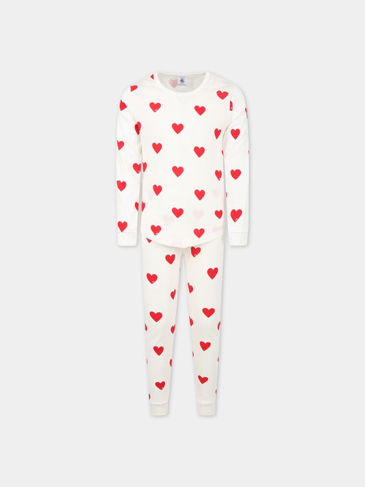 Pigiama bianco per bambina con cuori logati,Petit Bateau,59401 MARSHMALLOW/TERKUIT