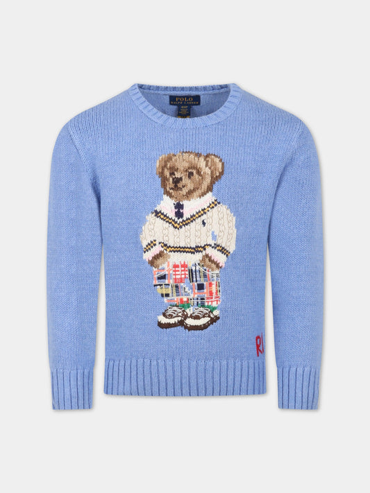 Maglione celeste per bambino con orso e logo,Ralph Lauren Kids,900999001