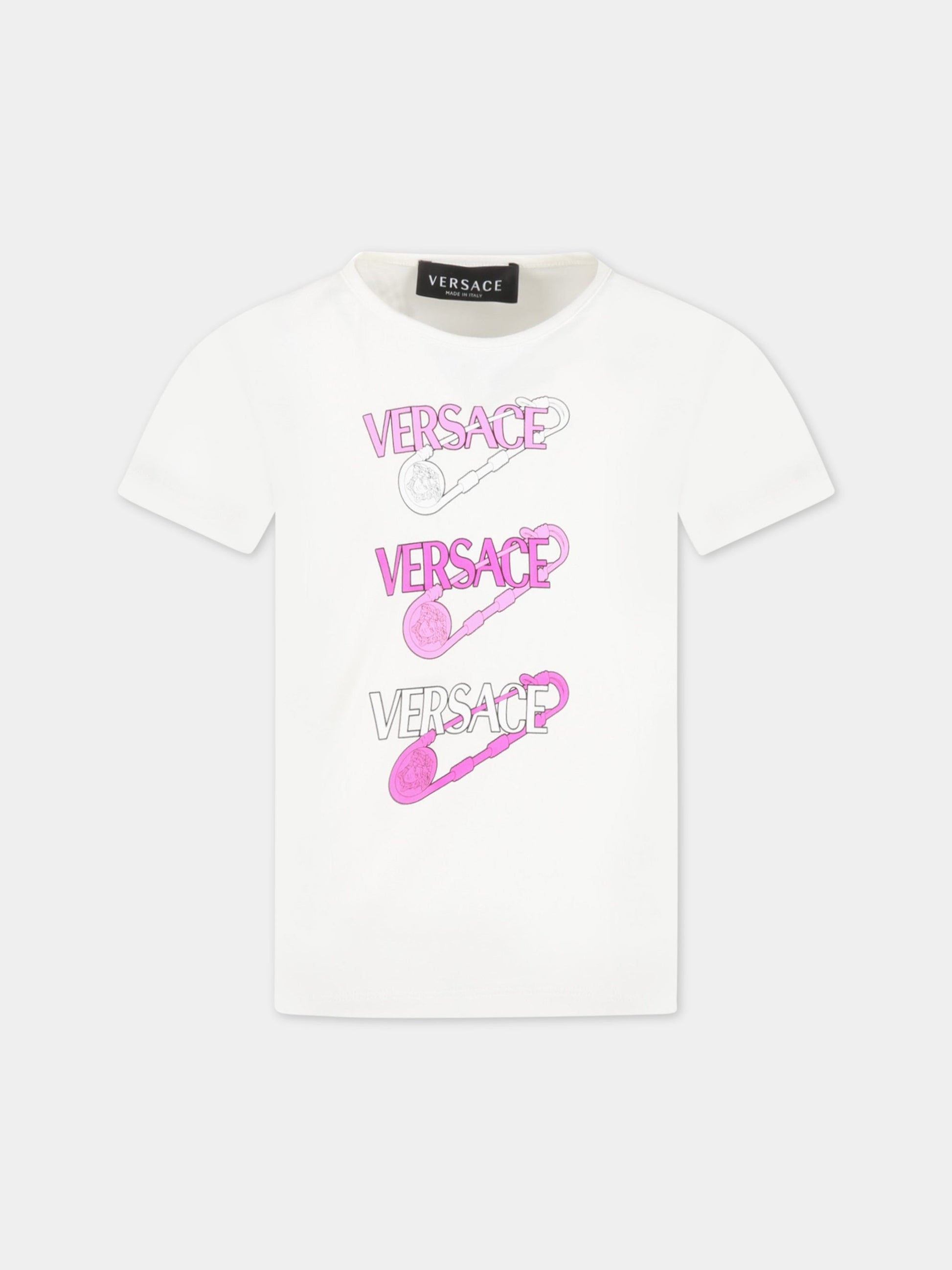 T-shirt bianca per bambina con loghi e Spille Safety,Versace,1009092 1A06482 2W070