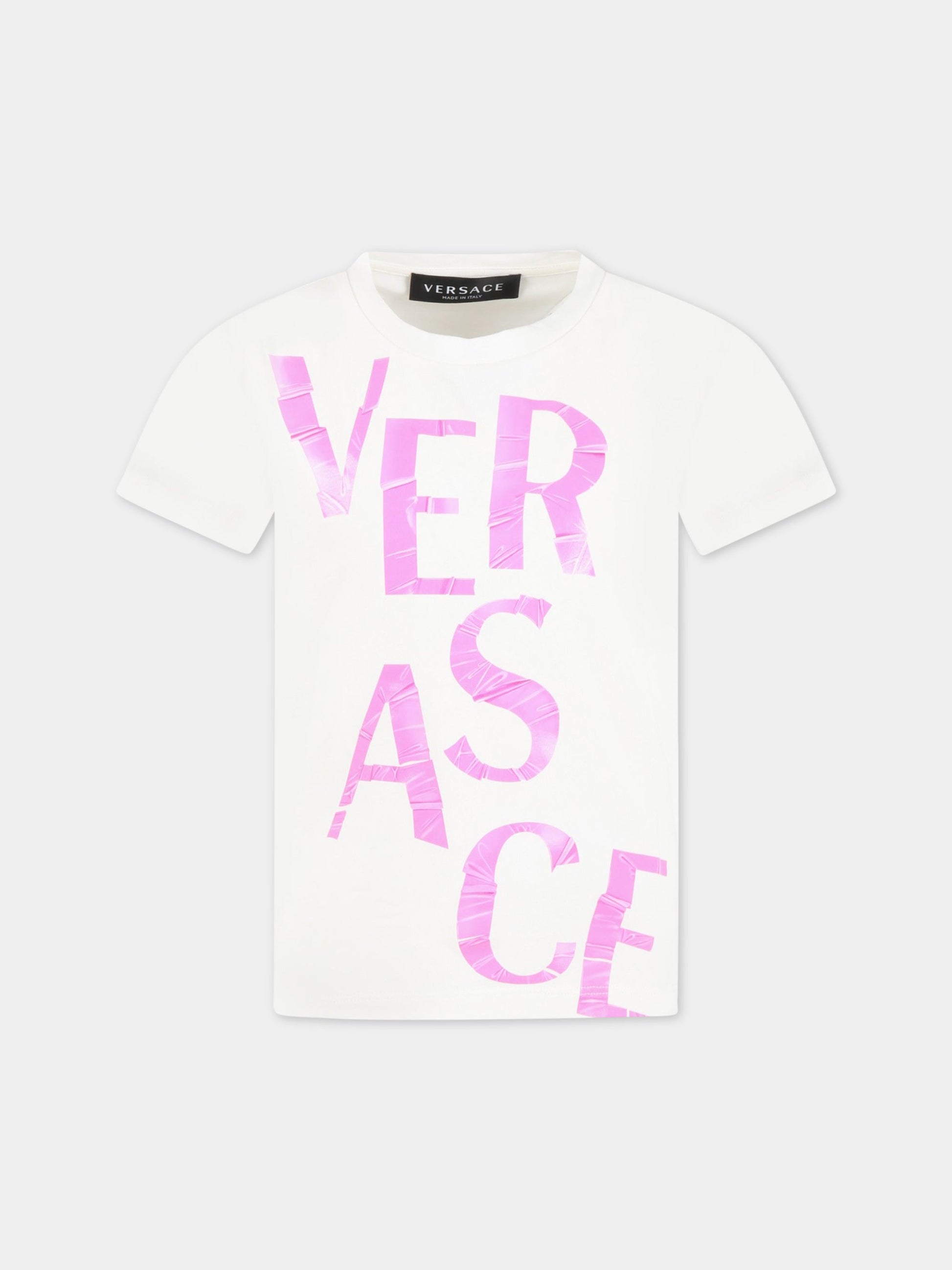 T-shirt bianca per bambina con logo fucsia,Versace,1000239 1A06518 2W310