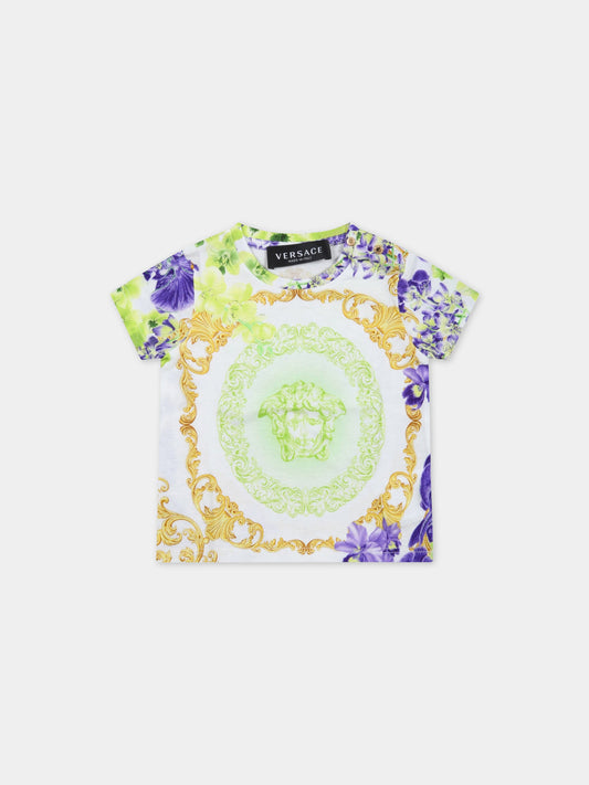 T-shirt bianca per neonata con Medusa e stampa floreale,Versace,1000152 1A06567 5W020