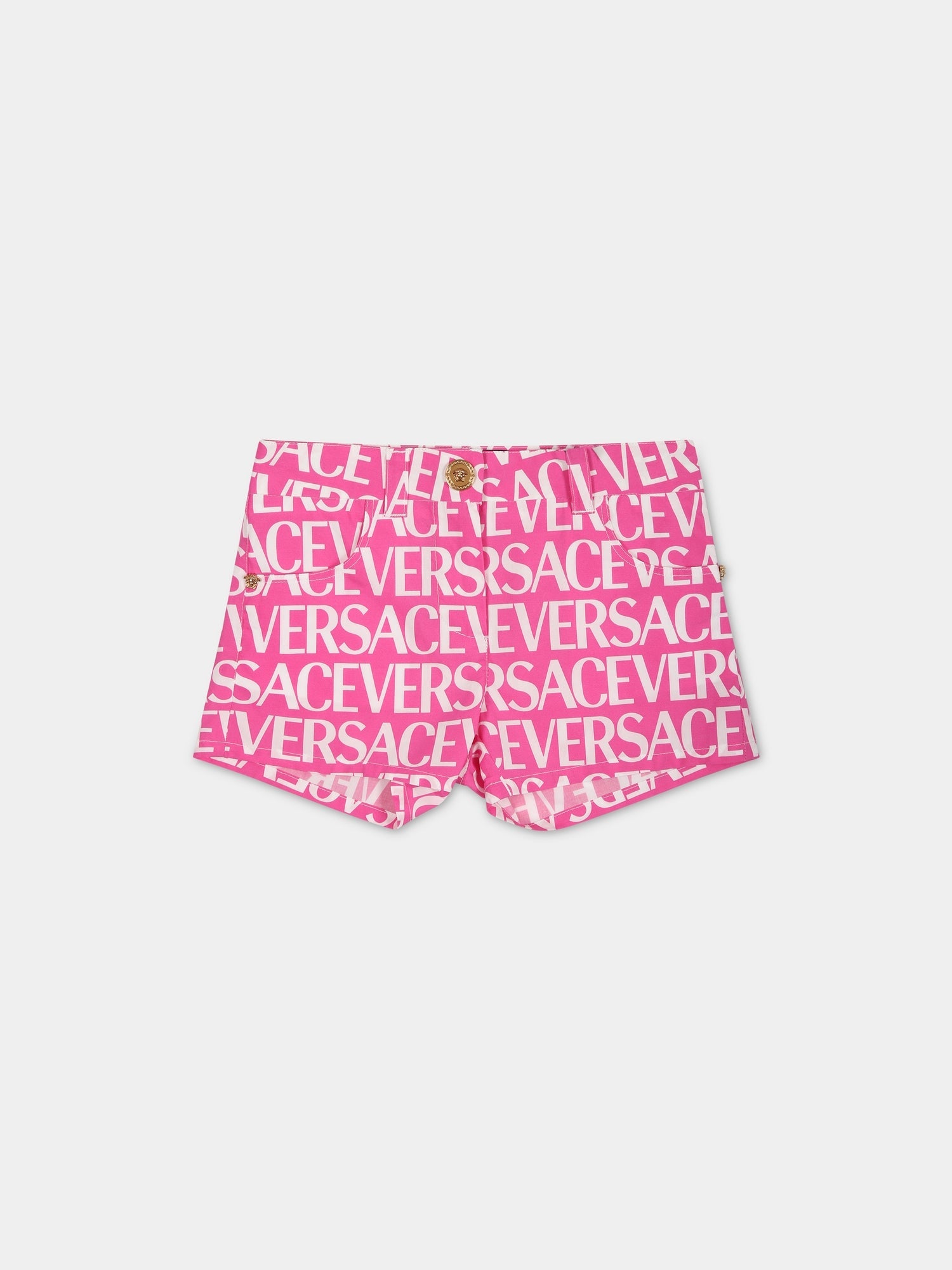 Shorts fucsia per neonata con stampa logo,Versace,1009110 1A05244 5P110