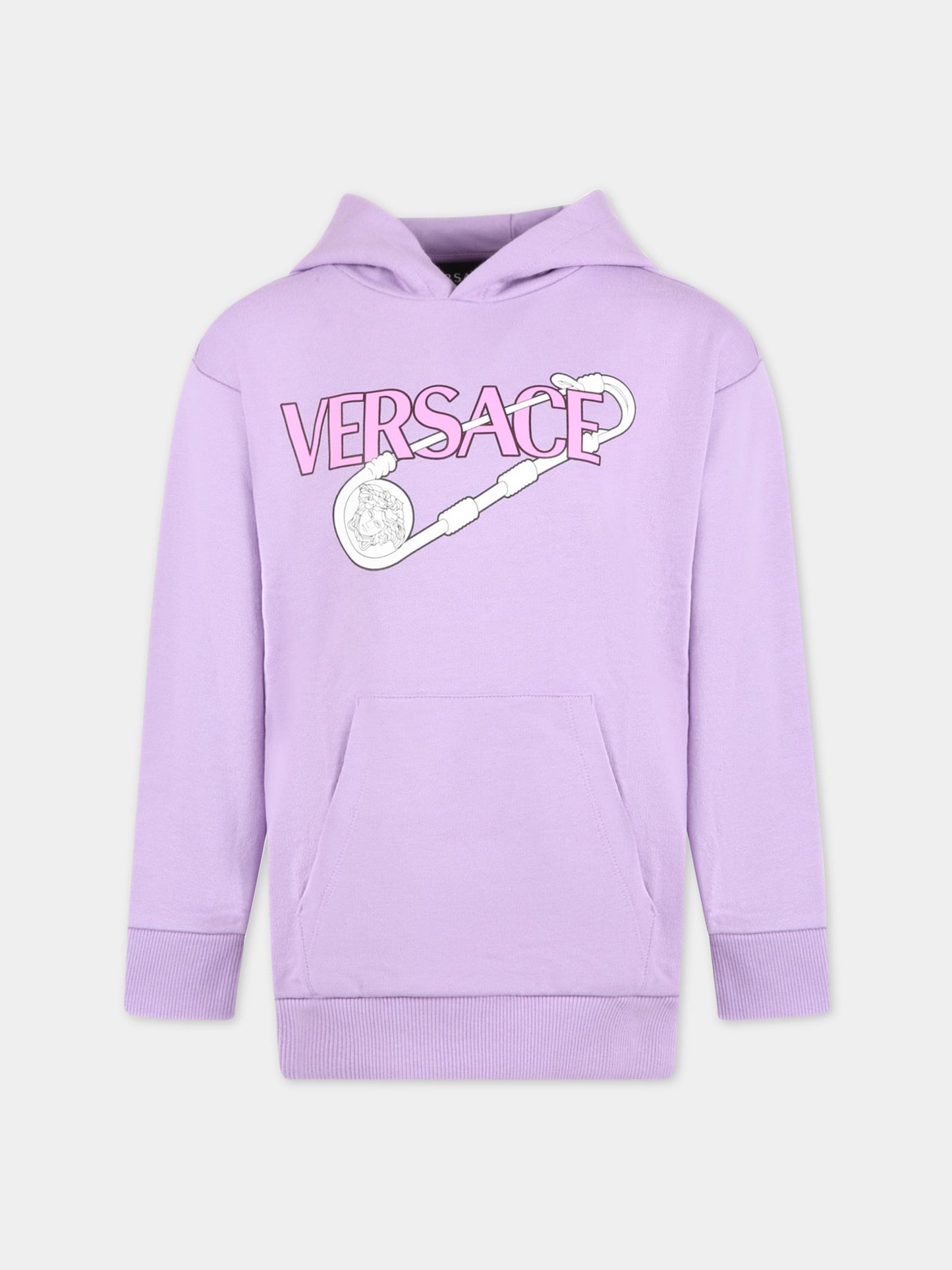 Felpa viola per bambina con logo e Spilla Safety,Versace,1007359 1A04697 2L690