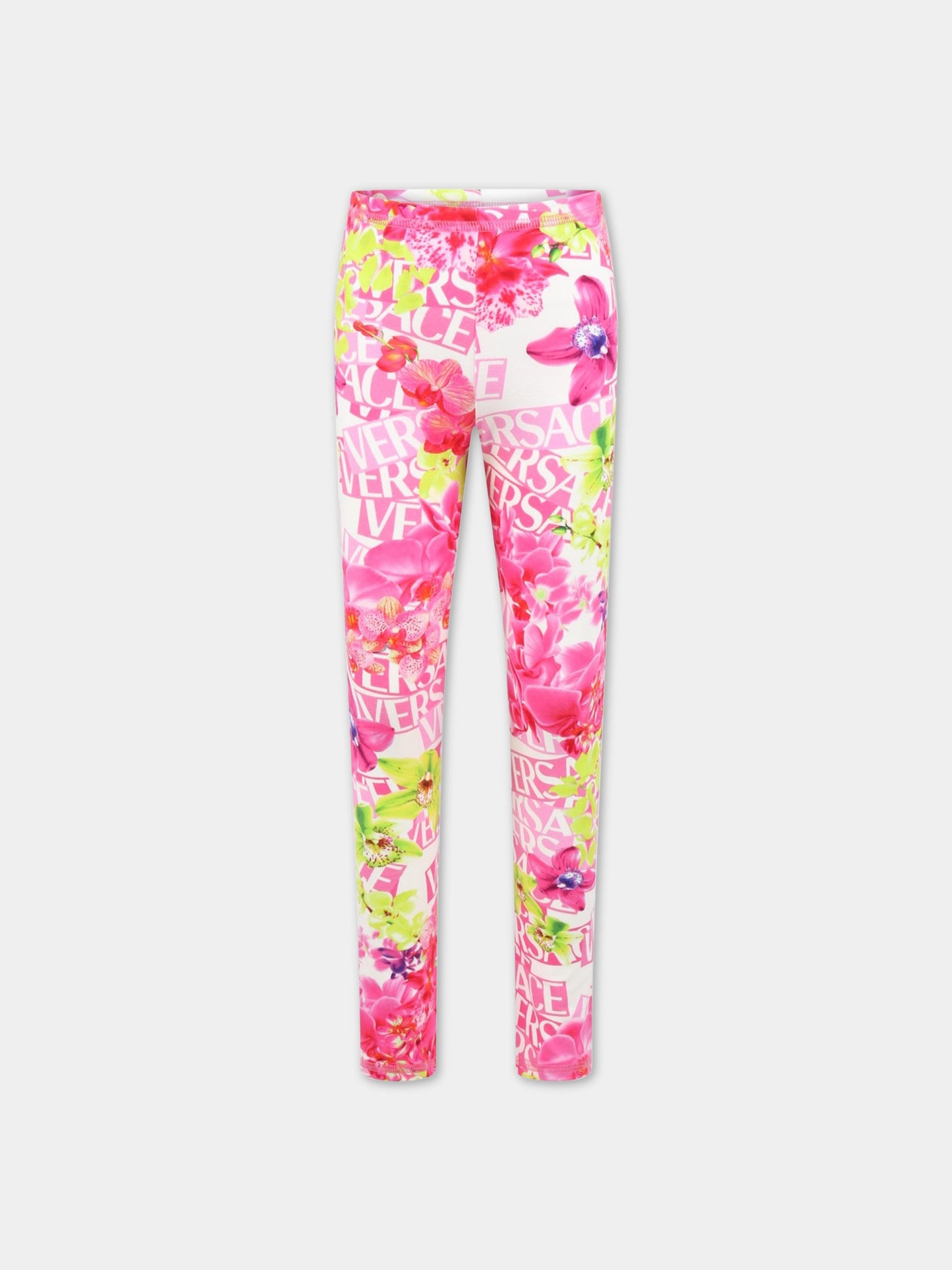 Leggings bianchi per bambina con logo e fiori,Versace,1000042 1A06474 5W020