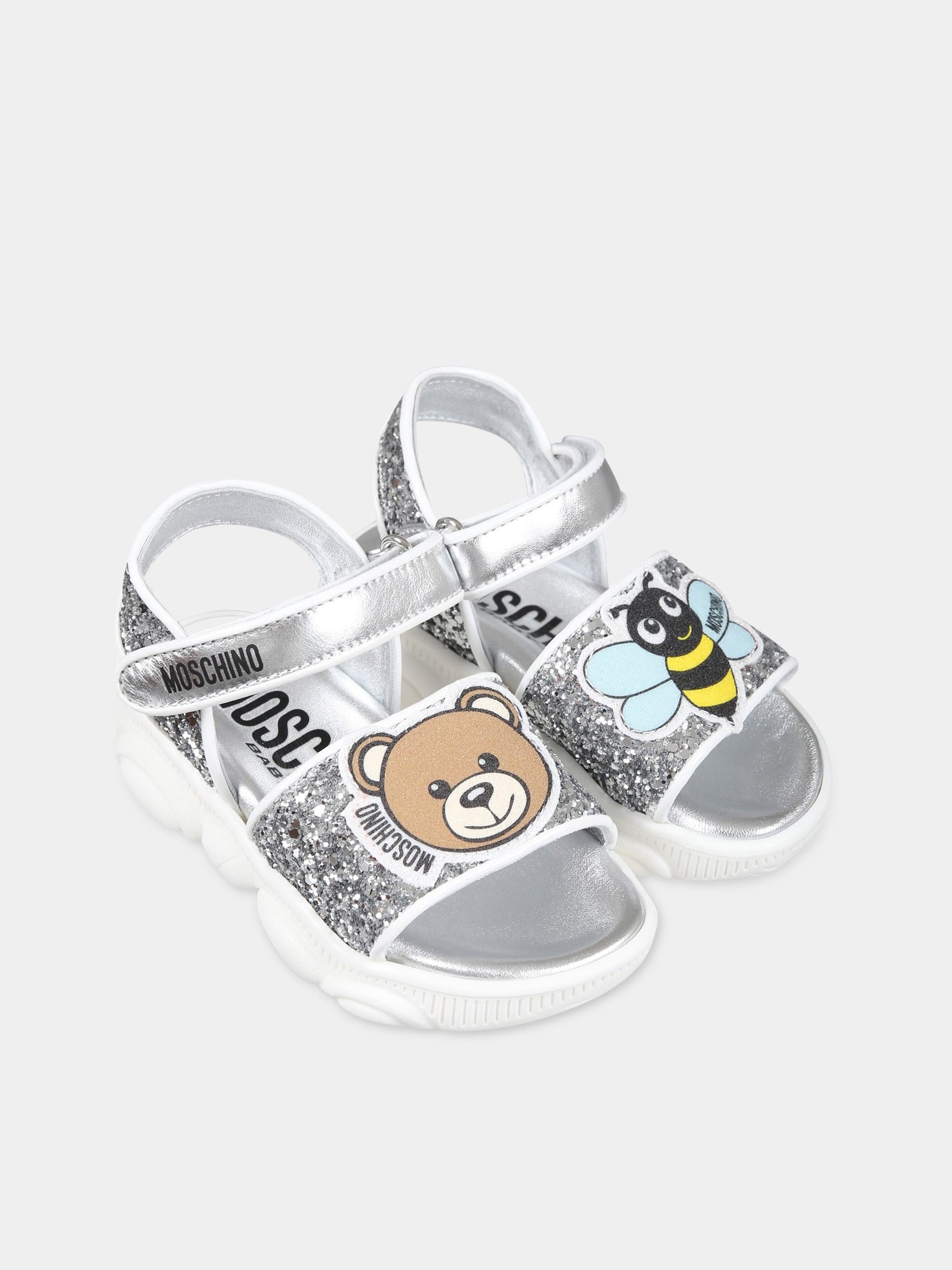 Sandalo argento per bambina con Teddy Bear, ape e logo,Moschino Kids,74316 1