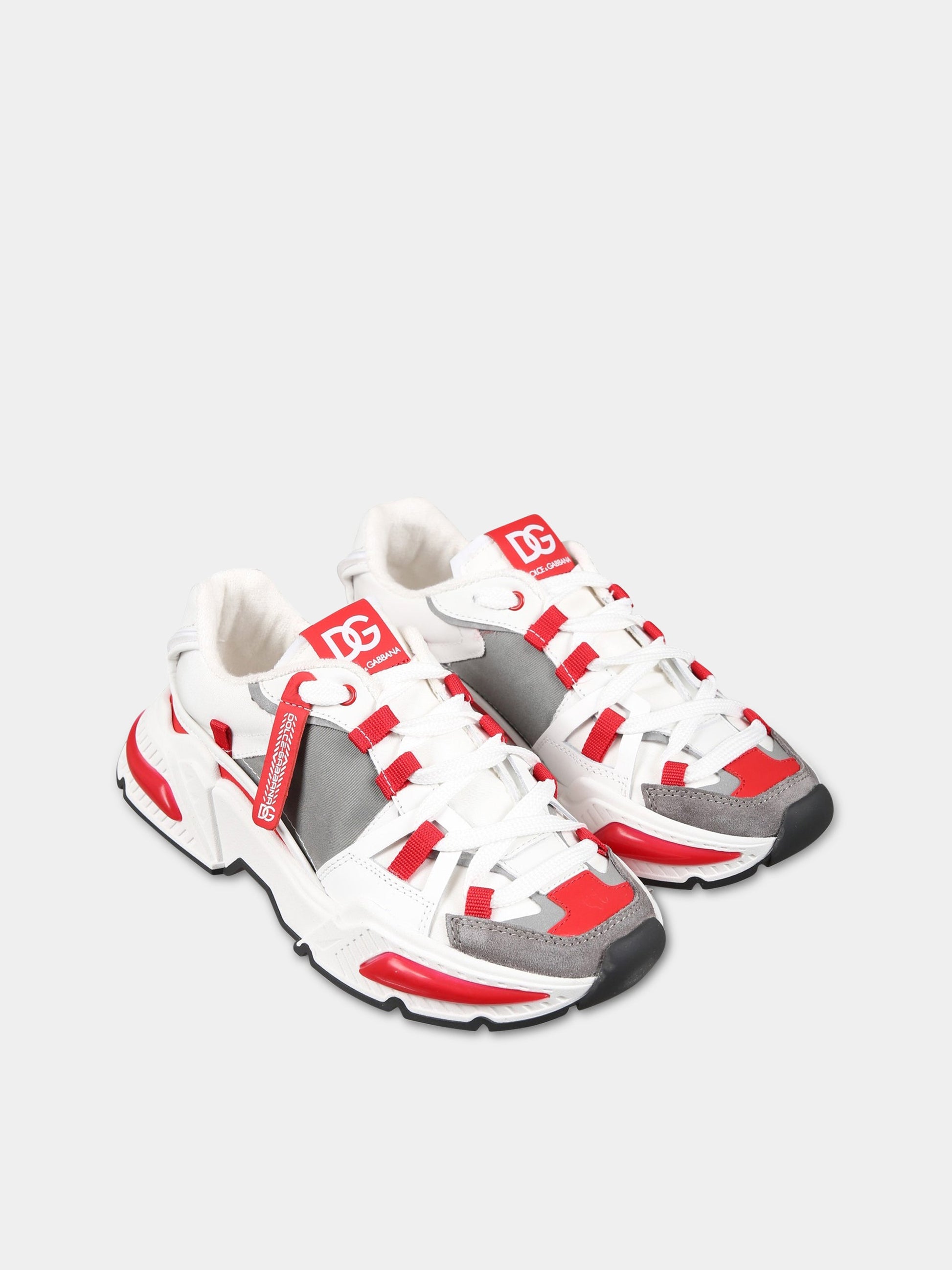 Sneakers bianche per bambino con logo e dettagli rossi,Dolce & Gabbana Kids,DA5118 AY608 8E065