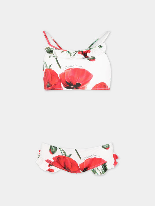 Bikini bianco per bambina con papaveri e logo,Dolce & Gabbana Kids,L5J833 FSG5U HA3VN